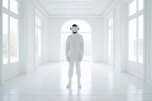 VR goggles technology concept with a person wearing virtual reality glasses device in white room. Generated AI