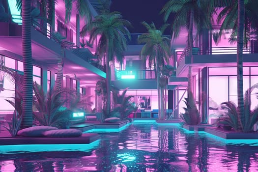 Neon lightened hotel lobby in synthwave style. Blue and purple hotel with palms in 80s style. Generated AI