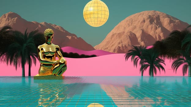 Surreal vaporwave scene with golden ball on the landscape with mountains and sea. 90s styled abstract surreal pink composition. Generated AI