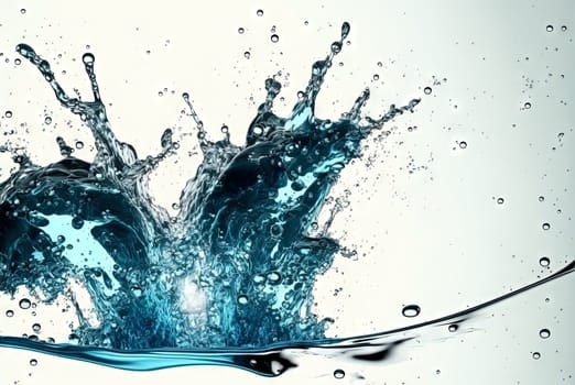 Water splash with beautiful drops flying away. Liquid motion background. Generated AI
