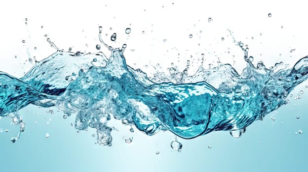 Blue water splash on white background. Liquid drips scattered. Generated AI