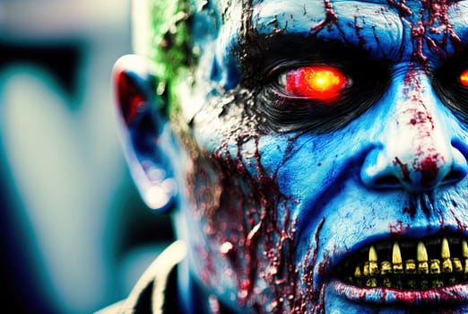Techno zombie woth neon lights and shiny eyes. Cyberpunk horror party concept. Generated AI
