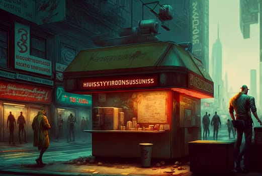 Cyberpunk styled cafe on the street corner with neon lights. Futuristic fast food restaurant with fake neon signs. Generative AI