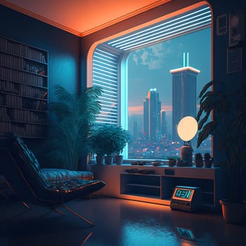 Nostalgic retro room in 80s synthwave or cyberpunk style. Futuristic neon interior of the 90s styled apartment