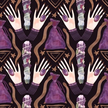 Herbalist's hands create harmony in the house. A magical ritual of cleansing with herbs and stones. Seamless pattern for a modern witch. Watercolor illustration for fabric, wallpaper and wrapping paper