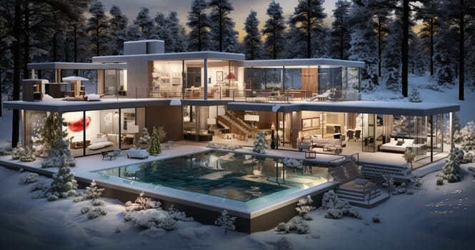 3d rendering of modern cozy house on the hill with garage and pool for sale or rent with beautiful landscaping on background. Cool winter day with shiny white snow.