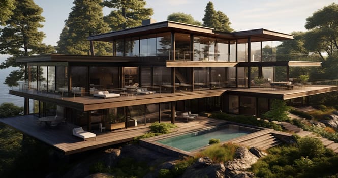 3D visualization of a modern private house in the forest. cozy house. High quality photo