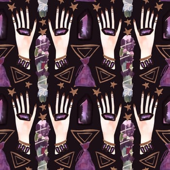 Herbalist's hands create harmony in the house. A magical ritual of cleansing with herbs and stones. Seamless pattern for a modern witch. Watercolor illustration for fabric, wallpaper and wrapping paper
