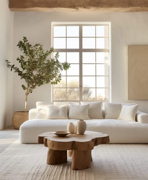 Japanese living room with bleached wooden walls in white and beige tones. Parquet floor, fabric sofa, carpets and decors. Minimal modern interior design, 3d illustration