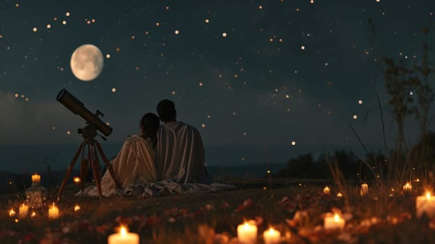 young couple looking out to romantic night sky in valentines day pragma