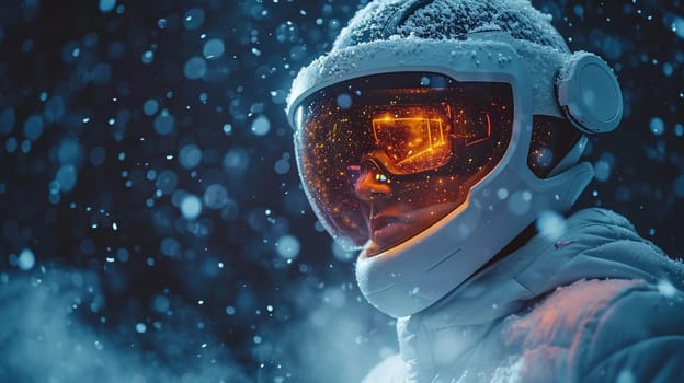 An explorer in a futuristic space suit explores a snow-covered planet. High quality photo