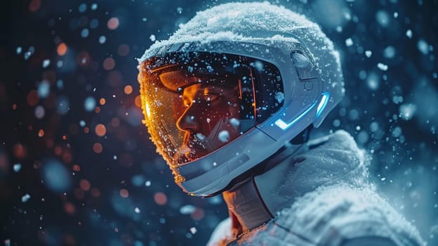 An explorer in a futuristic space suit explores a snow-covered planet. High quality photo