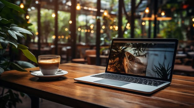 Workplace. A mug of hot coffee next to the laptop. Coworking. High quality photo