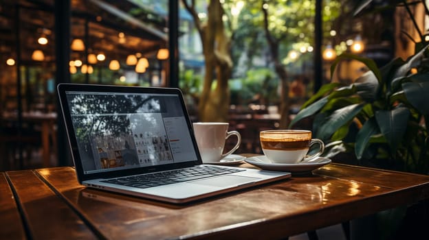 Workplace. A mug of hot coffee next to the laptop. Coworking. High quality photo