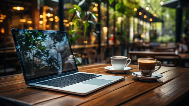 Workplace. A mug of hot coffee next to the laptop. Coworking. High quality photo