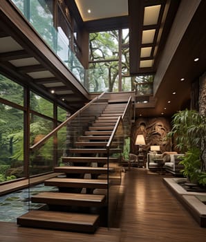 Minimalistic stairs in modern villa interior. High quality photo