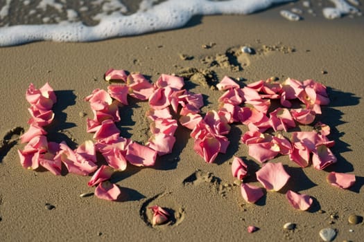 romantic beach of love rose petals on the coastline wide view pragma