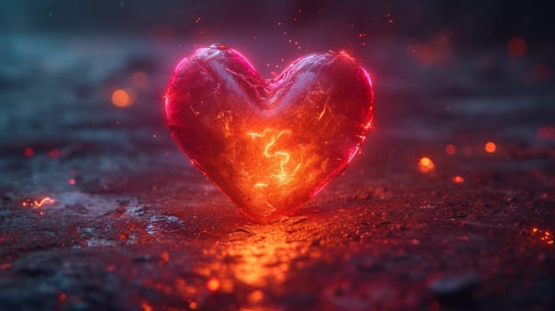 Beautiful neon 3d background with a heart. High quality illustration. The heart in the light of the mysterious red energy