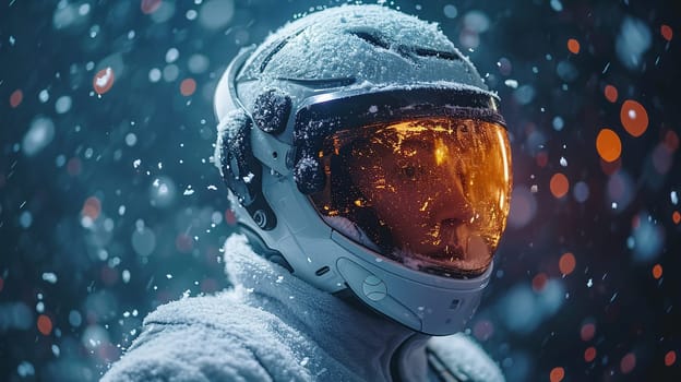 An explorer in a futuristic space suit explores a snow-covered planet. High quality photo