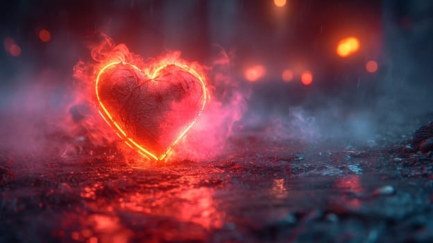 Beautiful neon 3d background with a heart. High quality illustration. The heart in the light of the mysterious red energy