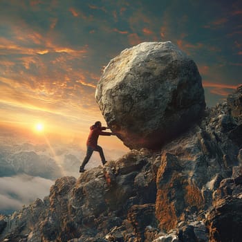 A man pushes a stone uphill. Backbreaking work. The path to success. High quality illustration