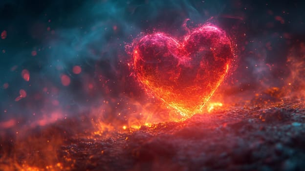 Beautiful neon 3d background with a heart. High quality illustration. The heart in the light of the mysterious red energy