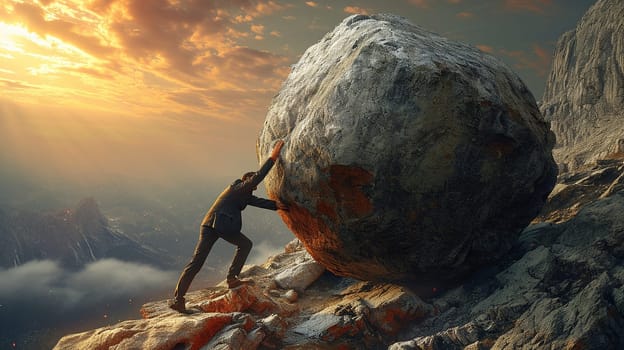 A man pushes a stone uphill. Backbreaking work. The path to success. High quality illustration