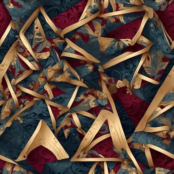 A seamless pattern featuring a red and blue background adorned with elegant gold ribbons.