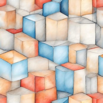A seamless pattern featuring a watercolor painting of cubes in various vibrant colors.