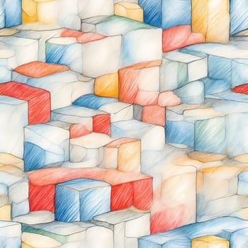 A drawing depicting various cubes of different colors forming a seamless pattern.