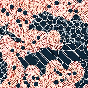 A seamless pattern featuring a black and red background adorned with circles and dots.