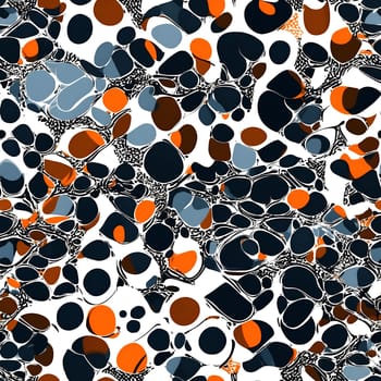 This photo showcases a seamless pattern made up of abstract orange, black, and white shapes.