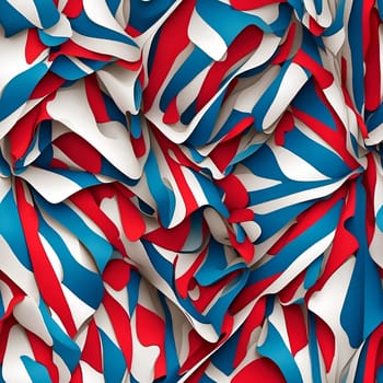 An intricate seamless pattern composed of abstract shapes in red, white, and blue.