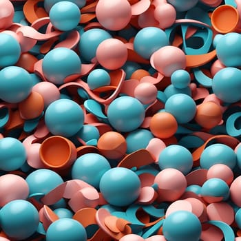 A seamless pattern featuring a pile of blue and pink balls and cups, creating a vibrant and playful image.