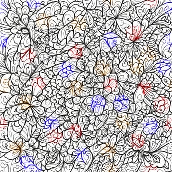 A detailed drawing of a vibrant bouquet of various flowers, arranged in a pattern, against a clean white background.