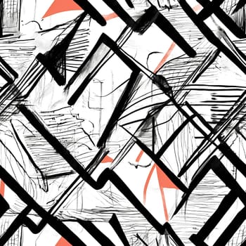 A seamless pattern featuring a black and white drawing with vibrant orange accents.