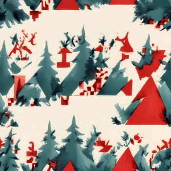 A seamless pattern featuring a red and white background with trees and houses.