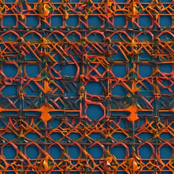 A seamless pattern of orange and green colors displayed on a blue wall.