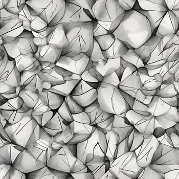 A black and white photo showcasing a pile of rocks in a seamless pattern.