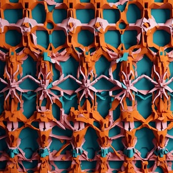 A detailed view of a wall created using a seamless pattern of orange and pink pieces of paper.