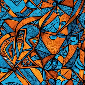 A seamless pattern painting showcasing various blue and orange geometric shapes arranged in an abstract manner.