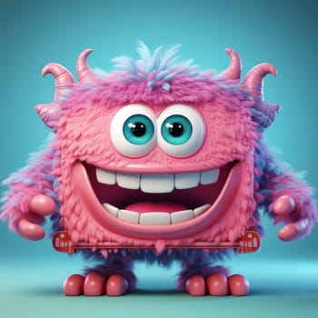 Fluffy pink monster with big blue eyes and horns, grinning on a turquoise background. Dental health and pediatric dentistry concept