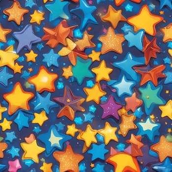 This photo features a seamless pattern with numerous colorful stars against a blue background.