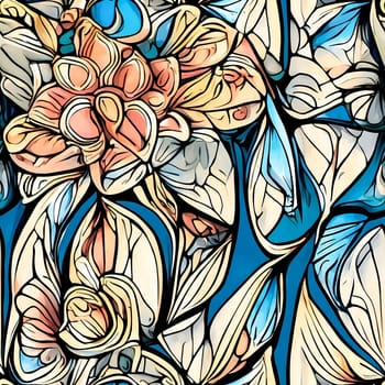 A seamless pattern showcasing a collection of flowers painted on a vibrant blue background.