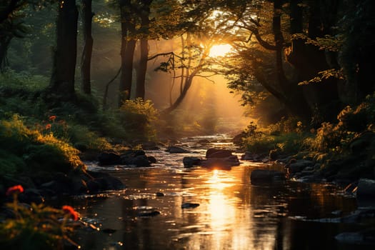 Landscape of a tropical forest with a river in the sun.