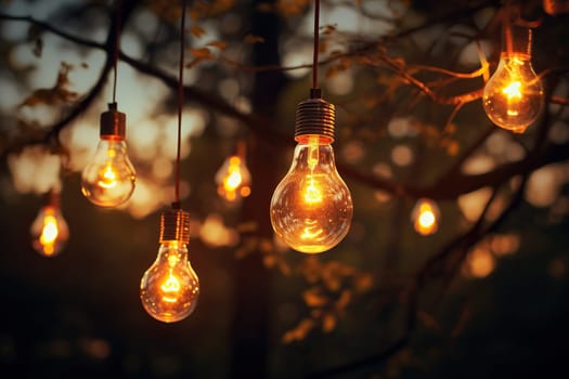 A garland of light bulbs on tree branches in the evening.