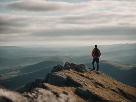 A fearless and determined man stands triumphantly on the peak of a majestic mountain, carrying a trusty backpack.