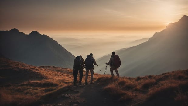 A group of individuals enjoying nature as they hike up a hill, challenging themselves physically while appreciating the beauty around them.