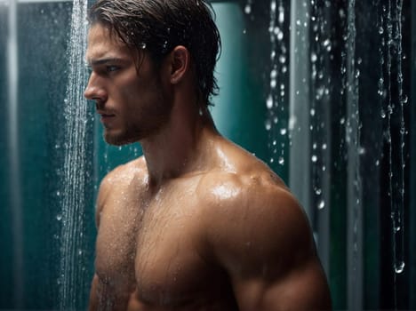 A shirtless man stands in a shower, enjoying a revitalizing and invigorating sensation as the water cascades down his body.