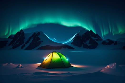 A stunning photo of a tent surrounded by snow, with vibrant, dancing aurora lights illuminating the night sky.